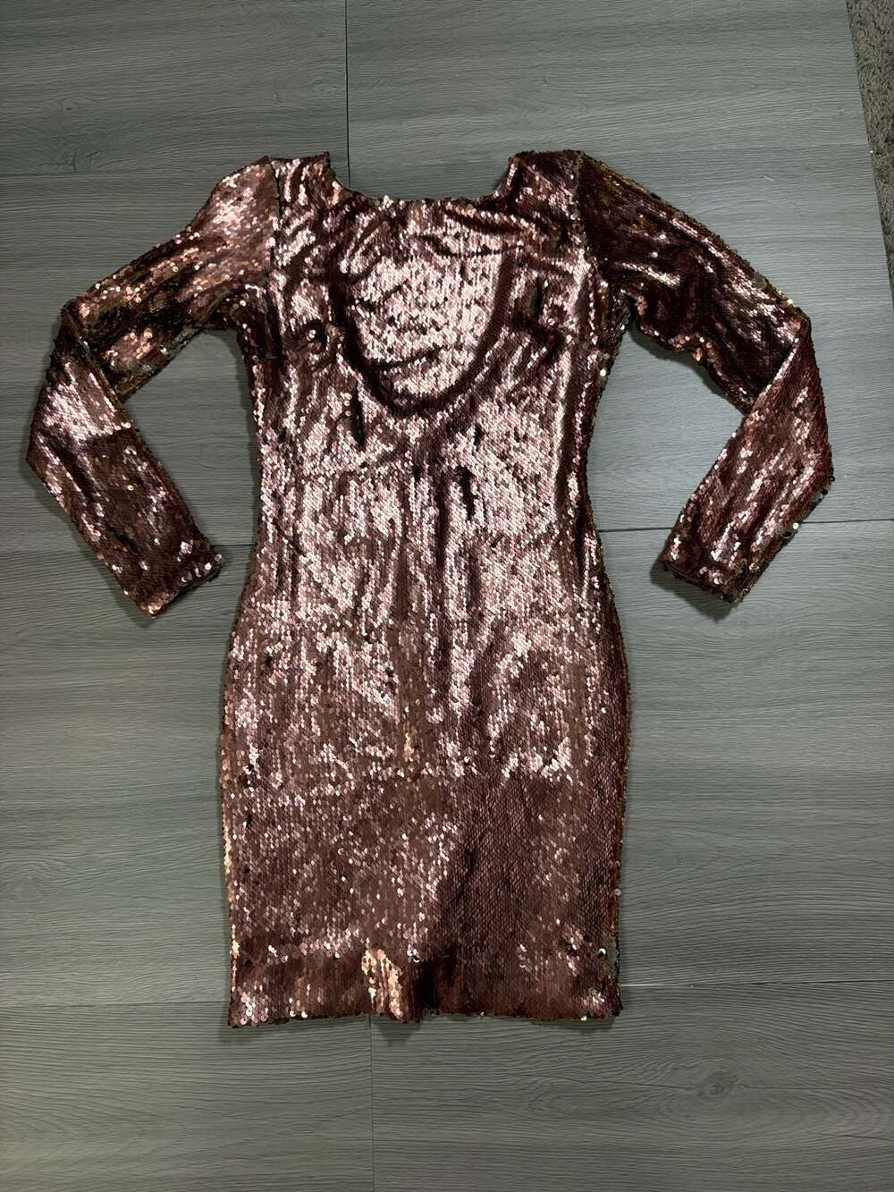Dress The Population Women's Long Sleeve Sequin Mini Dress Copper Bronze Size XS